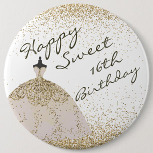 Girly White Golden Ball Gown Sweet 16. Geburtstag Button