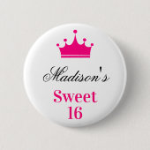 Girly White Hot Pink Sweet 16 Princess Crown Name Button (Vorderseite)
