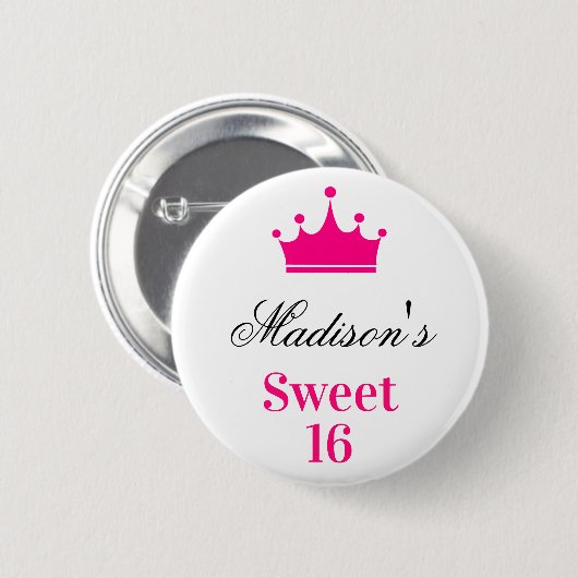 Girly White Hot Pink Sweet 16 Princess Crown Name Button (Vorne & Hinten)