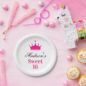 Girly White Hot Pink Sweet 16 Princess Crown Name Pappteller (Party)