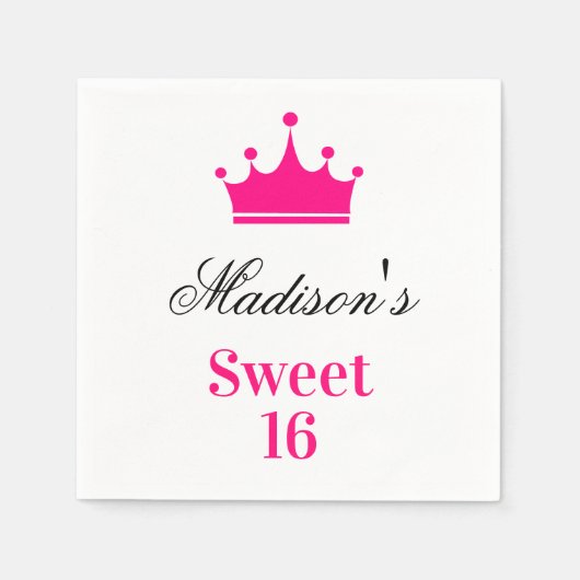 Girly White Hot Pink Sweet 16 Princess Crown Name Serviette (Vorderseite)
