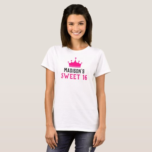 Girly White Hot Pink Sweet 16 Princess Crown Name T-Shirt (Vorne ganz)