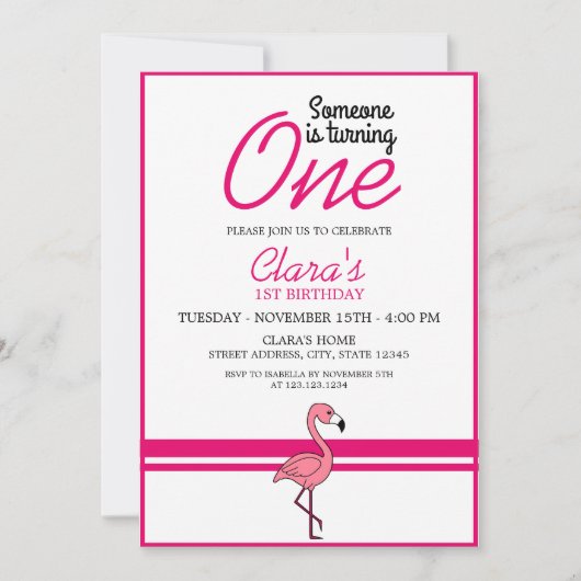 Girly White & Pink Flamingo Thema 1. Geburtstag Einladung (Vorderseite)