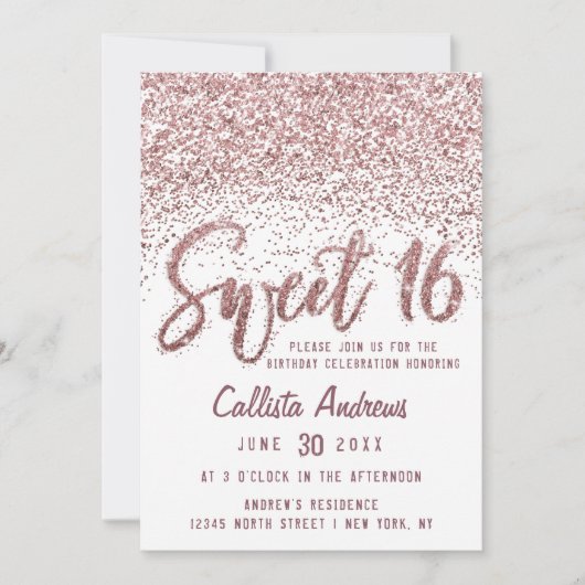 Girly White Rose Gold Scattered Glitzer Sweet 16 Einladung (Vorderseite)