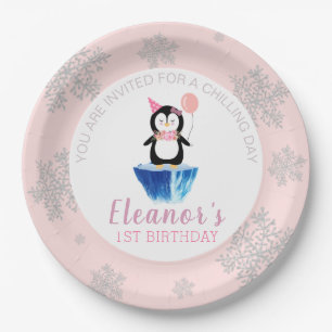 Girly Winter Pink Silver Niedlich Pinguin Geburtst Pappteller