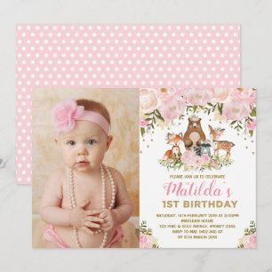 Girly Woodland Animals 1. Geburtstag Pink Floral Einladung