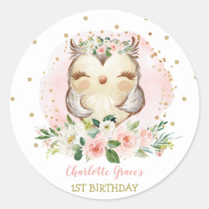 Girly Woodland Baby Owl 1. Geburtstag Gastgeschenk Runder Aufkleber