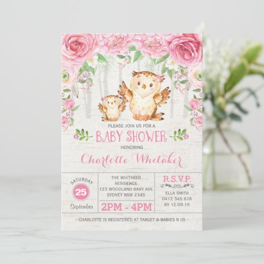 Girly Woodland Owl Pink Bläserdusche Einladung (Stehend Vorderseite)