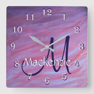 Girly Zebra Abstract   Cute Pink Purple Monogram Quadratische Wanduhr