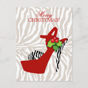Girly Zebra High Heel Shoe Xmas Red Feiertagspostkarte