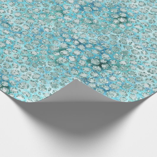 Giro Aqua Blue Glitzy Glam Glitzer Leopard Geschenkpapier (Ecke)