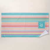 Giro Pastel Pink Peach Aqua Streifen Mit Monogramm Strandtuch (Vorderseite)