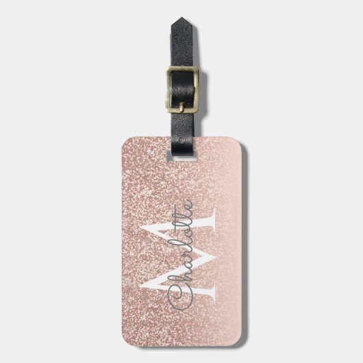 Giro-Script-Rose Gold Glitzer Blush Pink Monogram Gepäckanhänger (Vorderseite vertikal)