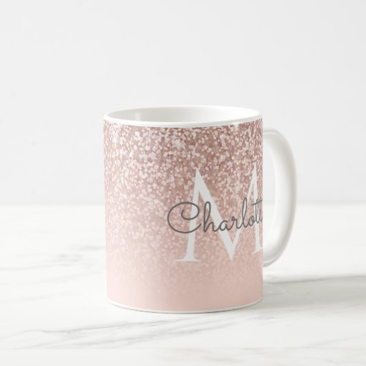 Giro-Script-Rose Gold Glitzer Blush Pink Monogram Kaffeetasse (VorderseiteRechts)