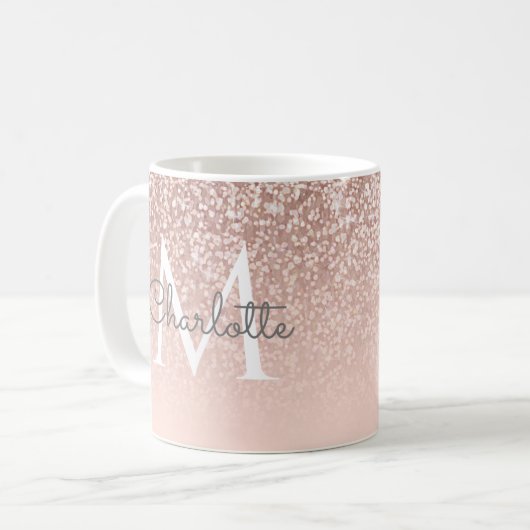 Giro-Script-Rose Gold Glitzer Blush Pink Monogram Kaffeetasse (Vorderseite Links)