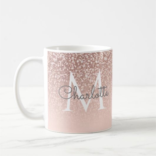 Giro-Script-Rose Gold Glitzer Blush Pink Monogram Kaffeetasse (Links)