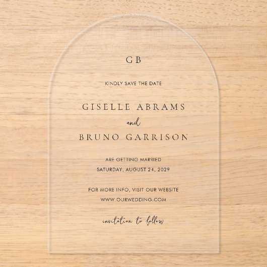 Giselle Monogram Elegant Wedding Save the Date Acryleinladungen (Vorderseite)