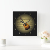 Gitarre 3-D Gold Globe ~ Sheet Music ~ Black BG ~ Quadratische Wanduhr (Zuhause)