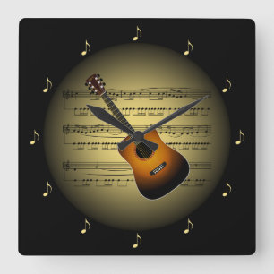 Gitarre 3-D Gold Globe ~ Sheet Music ~ Black BG ~  Quadratische Wanduhr