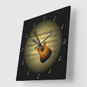 Gitarre 3-D Gold Globe ~ Sheet Music ~ Black BG ~ Quadratische Wanduhr (Winkel)