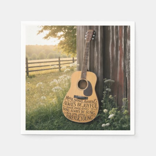 Gitarre an einer Scheune lehnend mit Zitat Serviette (Vorderseite)