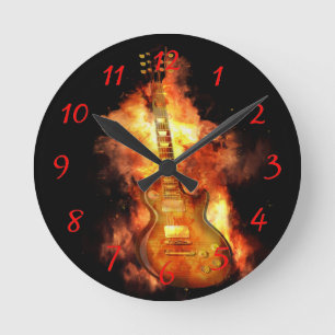 Gitarre auf Feuer Runde Wanduhr