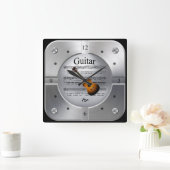 Gitarre ~ Blatt Music ~ Pinselsilber Farbe ~ Quadratische Wanduhr (Zuhause)