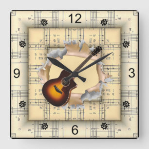Gitarre ~ Durchbrechen seltsame Notenblätter ~  Quadratische Wanduhr