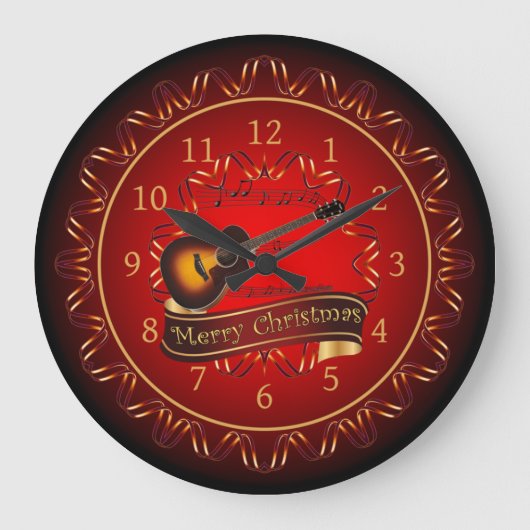 Gitarre, Frohe Weihnachten, Maroon & Black ~ Große Wanduhr (Vorderseite)