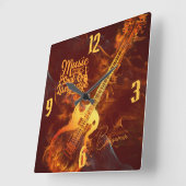 Gitarre im Feuer | Musik ist das Soul der Sprache Quadratische Wanduhr (Winkel)