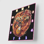 Gitarre in Flammen mit Noten bei Dämmerung Quadratische Wanduhr (Winkel)