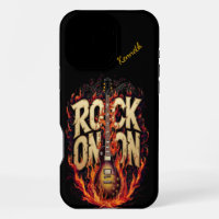 Gitarre in Flammen mit rockinspirierter Typografie