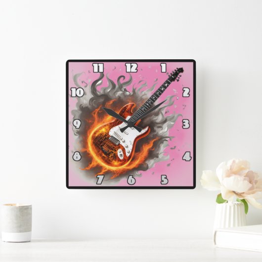 Gitarre in Flammen und Musiknoten verstrickt Quadratische Wanduhr (Zuhause)