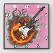 Gitarre in Flammen und Musiknoten verstrickt Quadratische Wanduhr (Vorderseite)