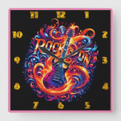 Gitarre in pulsierenden Nachtflammen eingeschlosse Quadratische Wanduhr (Vorderseite)