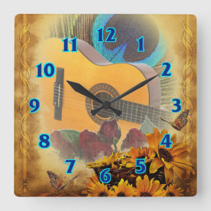 Gitarre mit Blumen Quadratische Wanduhr