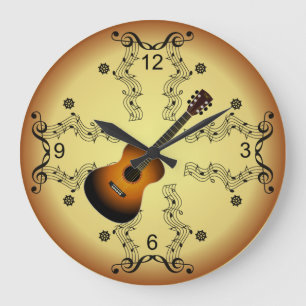 Gitarre ~ Musikalische Scroll ~ Goldener Hintergru Große Wanduhr