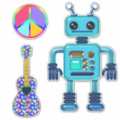 Gitarre Peace Sign Aqua Robot Niedlich Aufkleber (Vorderseite)