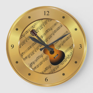 Gitarre ~ Sheet Music ~ Gold Background ~ Unique ~ Große Wanduhr