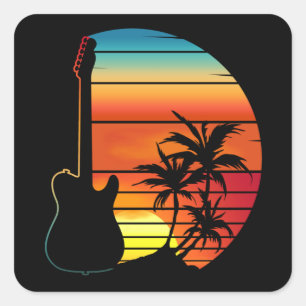 GITARRE SONNENUNTERGANG RETRO MUSIK LIEBHABER  QUADRATISCHER AUFKLEBER