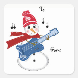 Gitarre spielender Schneemann Quadratischer Aufkleber
