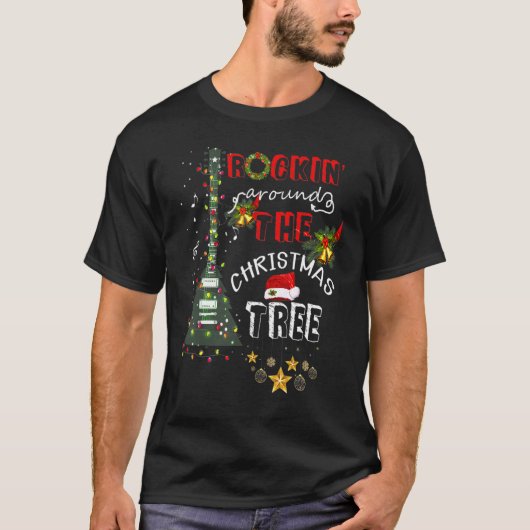 Gitarre Tree Lights Rocking Music Frohe Weihnachte T-Shirt (Vorderseite)