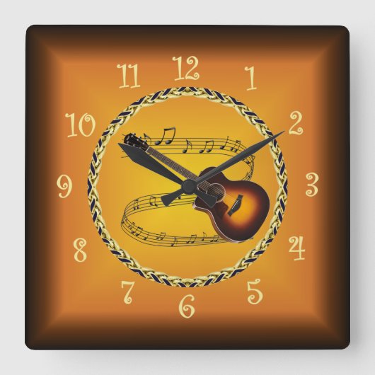 Gitarre über Musical Scroll & Russet Orange ~ Quadratische Wanduhr (Vorderseite)