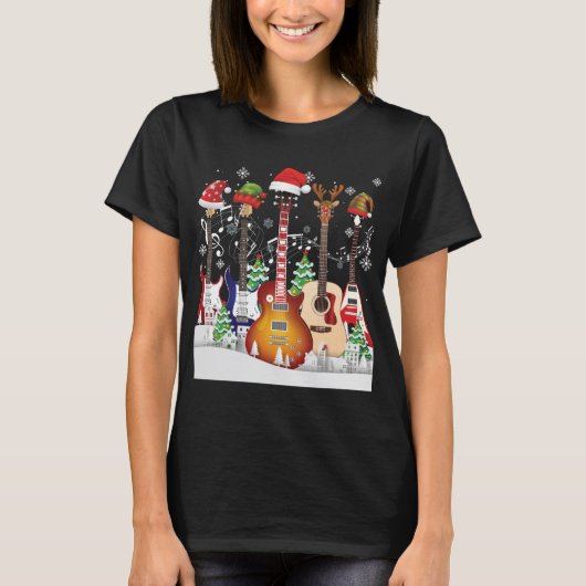 Gitarre Weihnachtsmannmütze Elf Weihnachtsbaum Mus T-Shirt (Vorderseite)