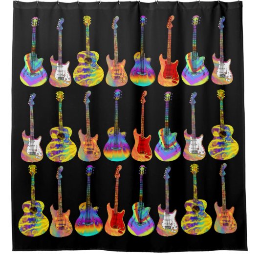 Gitarren Farbiges Muster auf schwarz Duschvorhang (Vorderseite)