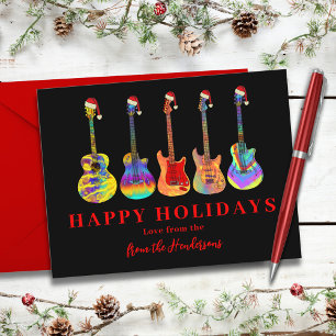 Gitarren in Weihnachtsmannmützen Happy Holidays Feiertagspostkarte