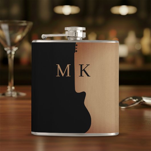 Gitarren-Silhouette Tan Holz Name Monogramm Flachmann