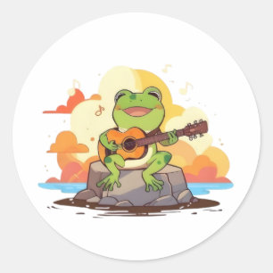 Gitarrenfrosch Sonnenuntergang Kawaii Musikdesign Runder Aufkleber