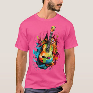 Gitarreninstrument für Frauen auf farbenfroh gestr T-Shirt