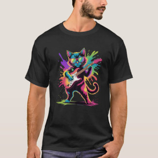 Gitarrenkatze Poster Stil Farbige Farbspritzer Kun T-Shirt